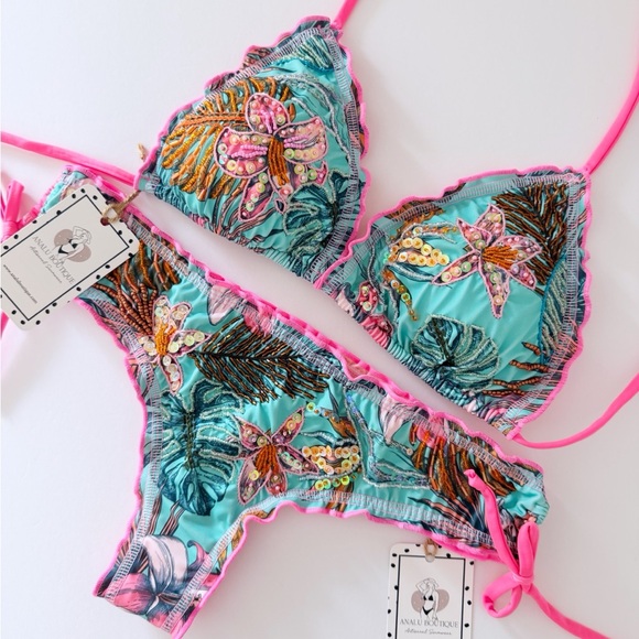 NWT Beaded Floral Embroidered Bikini Set Pink Blue Made in Colombia